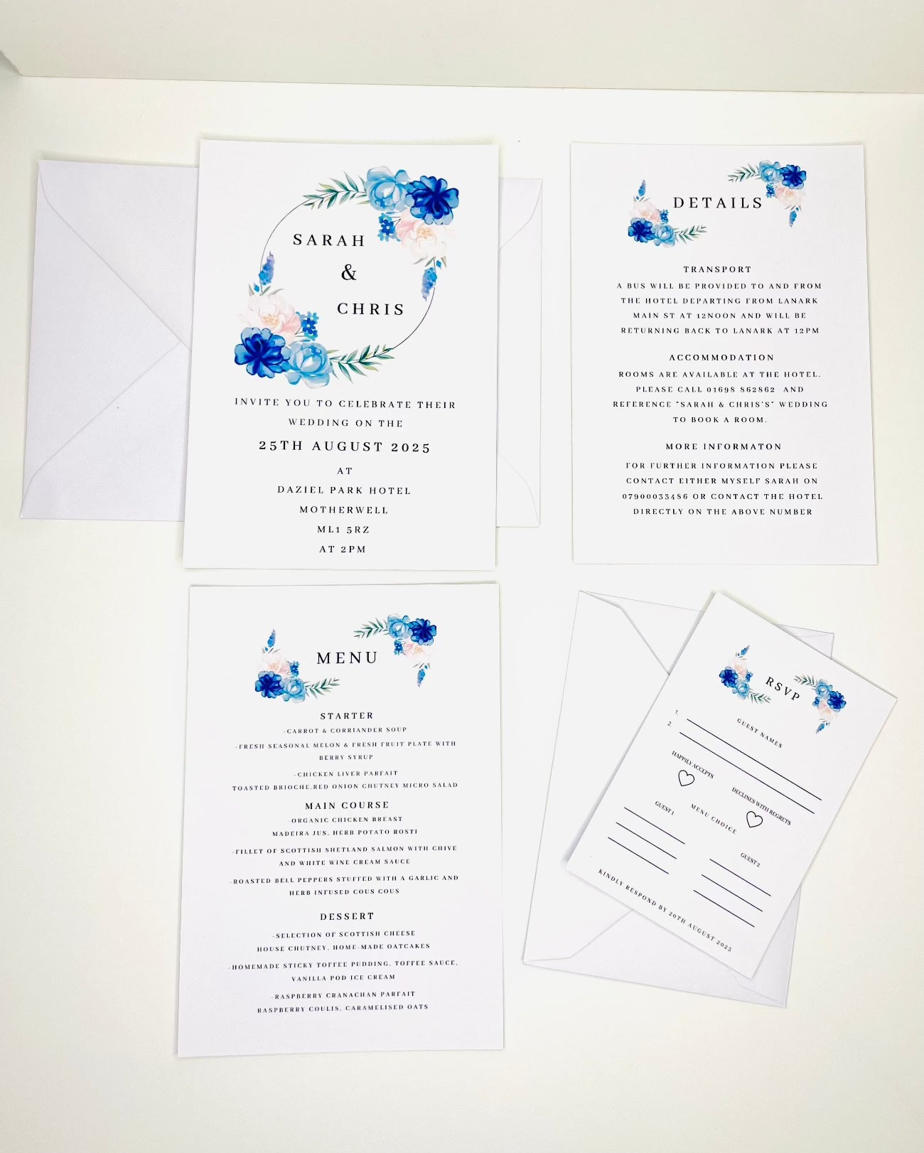 Blue Floral Wedding Invitation Set & Individuals - Firtina Creations