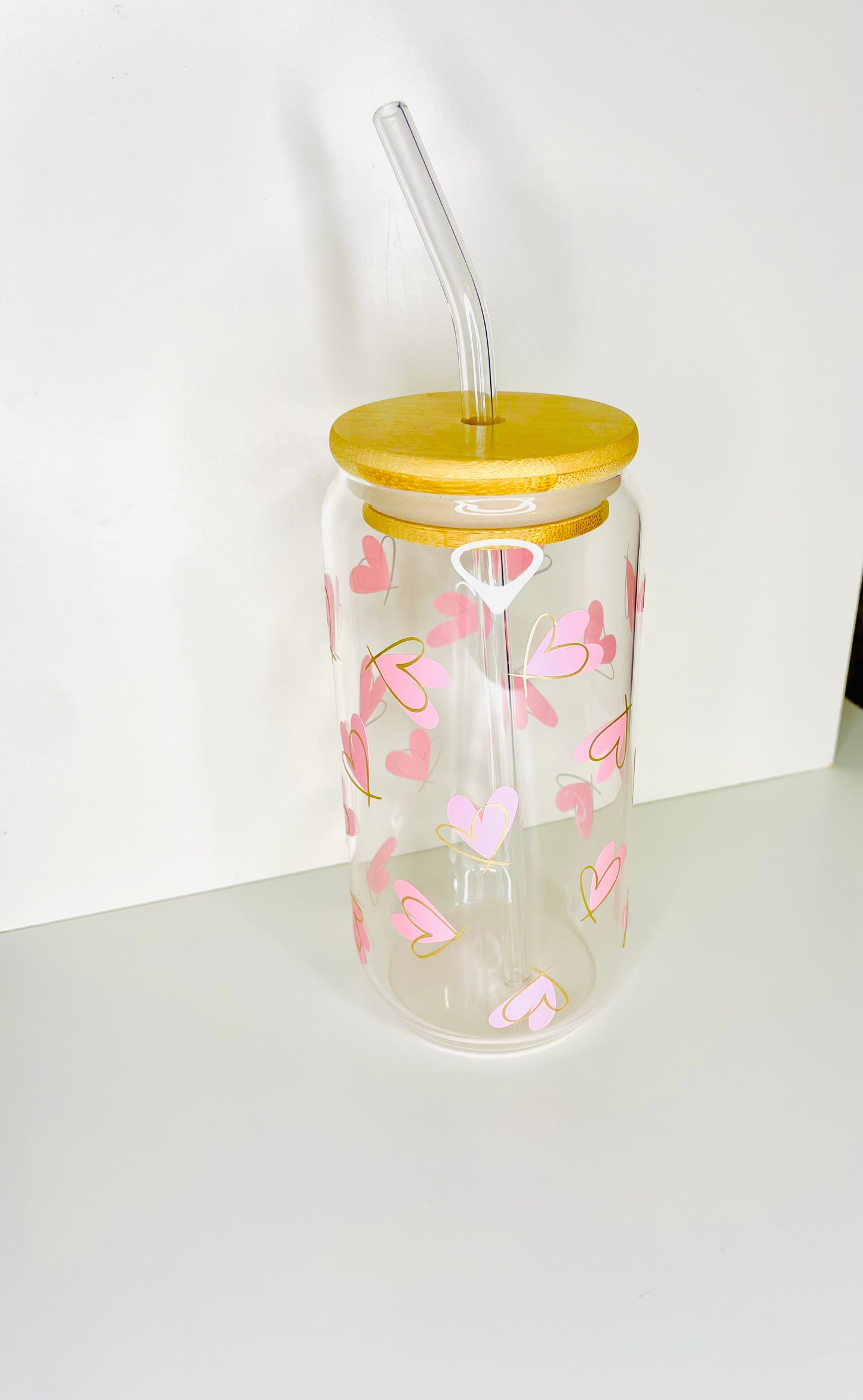 Heart Design Glass Cup with Lid & Straw