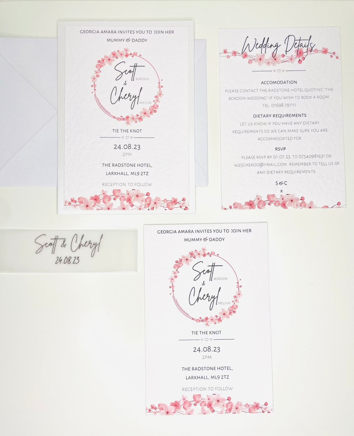 Pink Cherry Blossom Wedding Invitation Set & Individuals - Firtina Creations