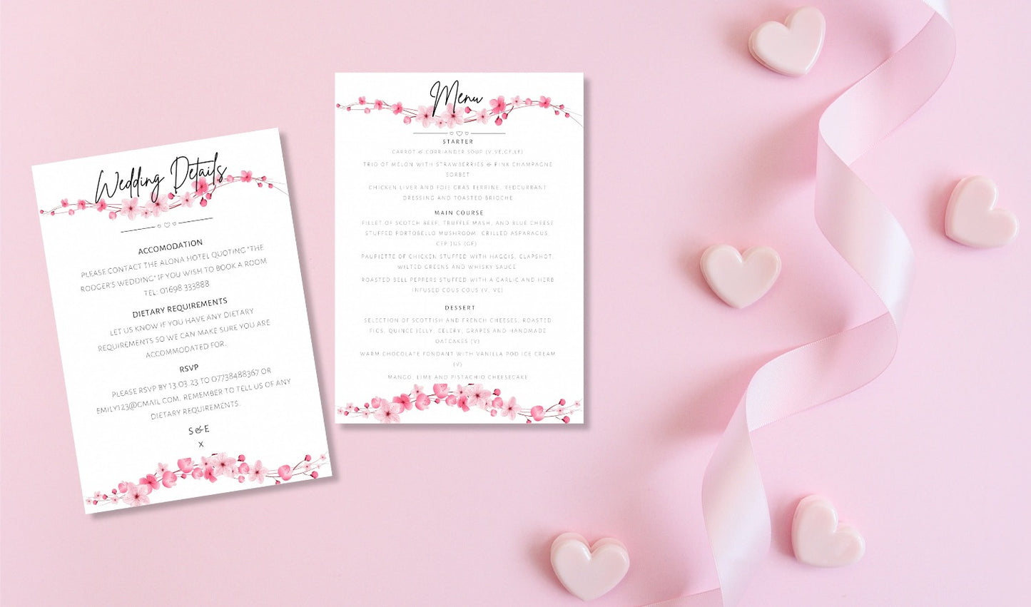 Pink Cherry Blossom Wedding Invitation Set & Individuals - Firtina Creations