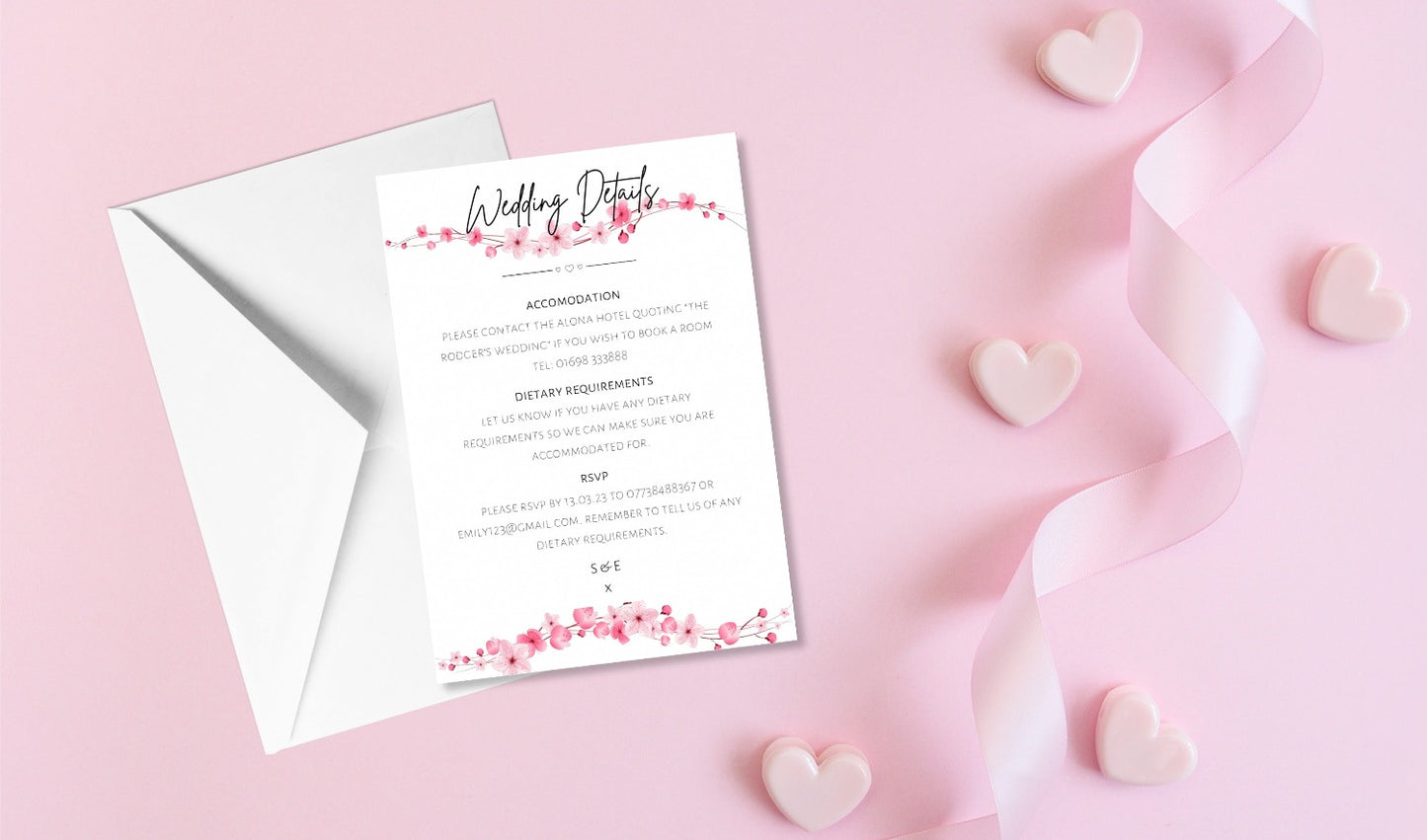 Pink Cherry Blossom Wedding Invitation Set & Individuals - Firtina Creations
