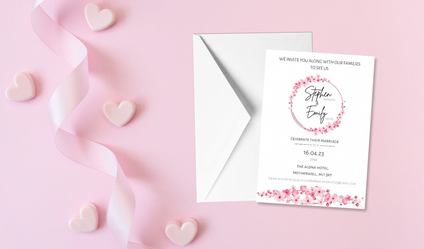 Pink Cherry Blossom Wedding Invitation Set & Individuals - Firtina Creations