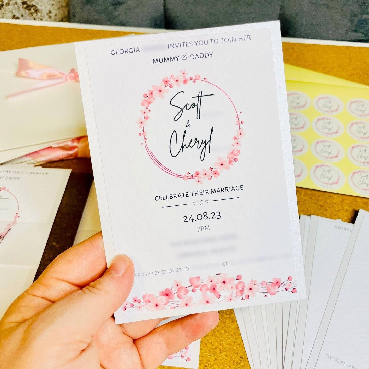Pink Cherry Blossom Wedding Invitation Set & Individuals - Firtina Creations