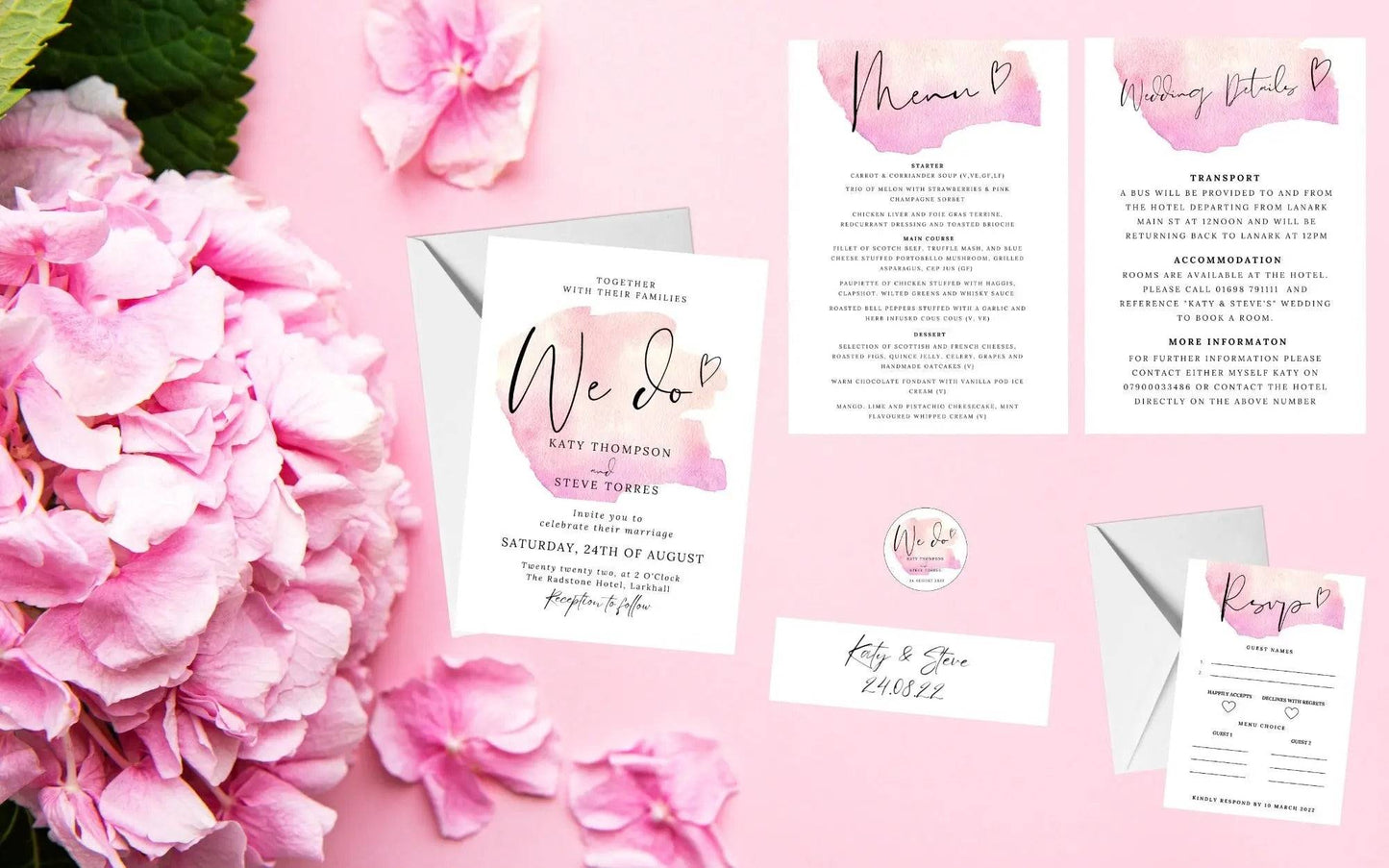 Pink Wedding Invitation Set & Individuals - Firtina Creations