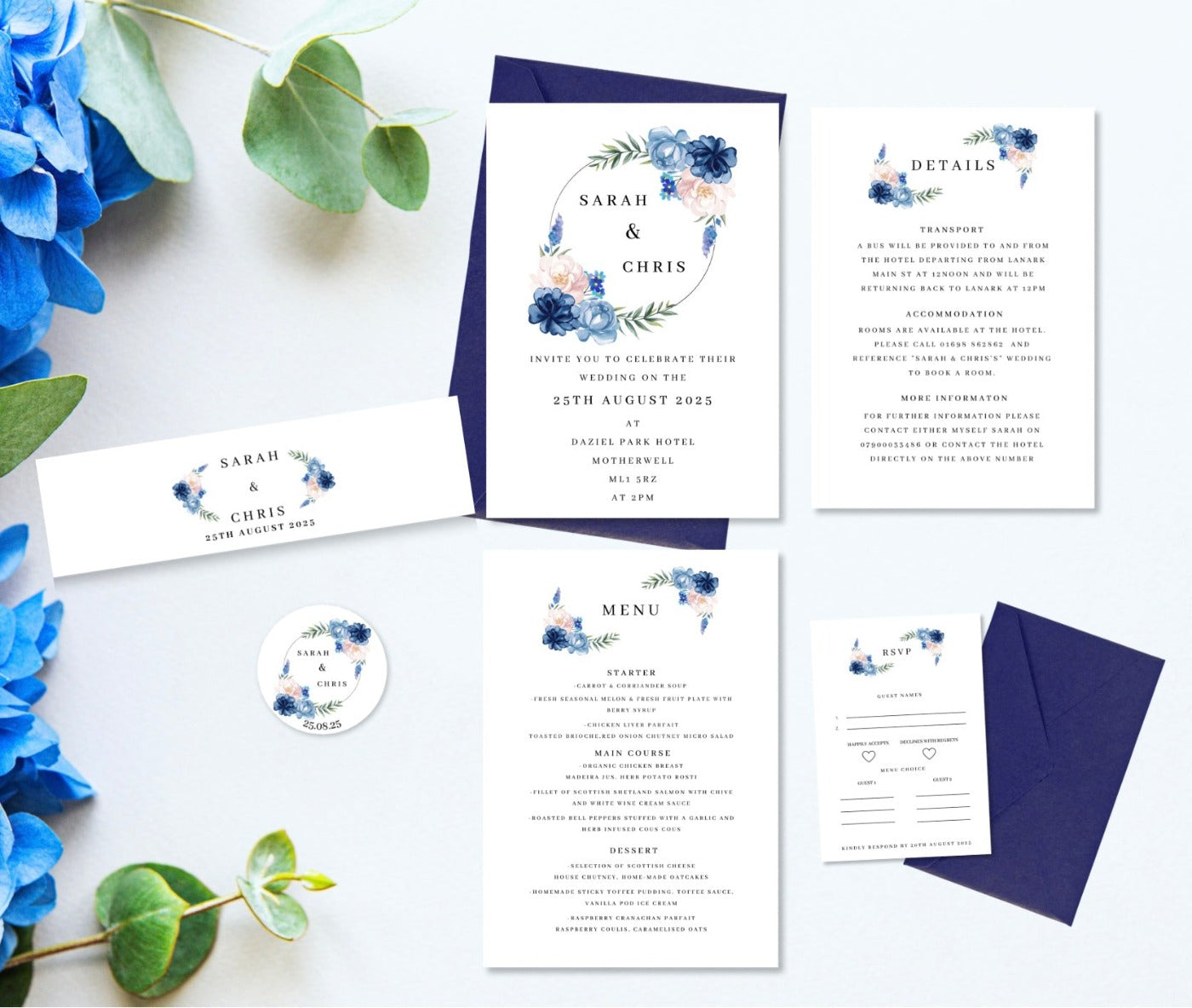 Blue Floral Wedding Invitation Set & Individuals - Firtina Creations
