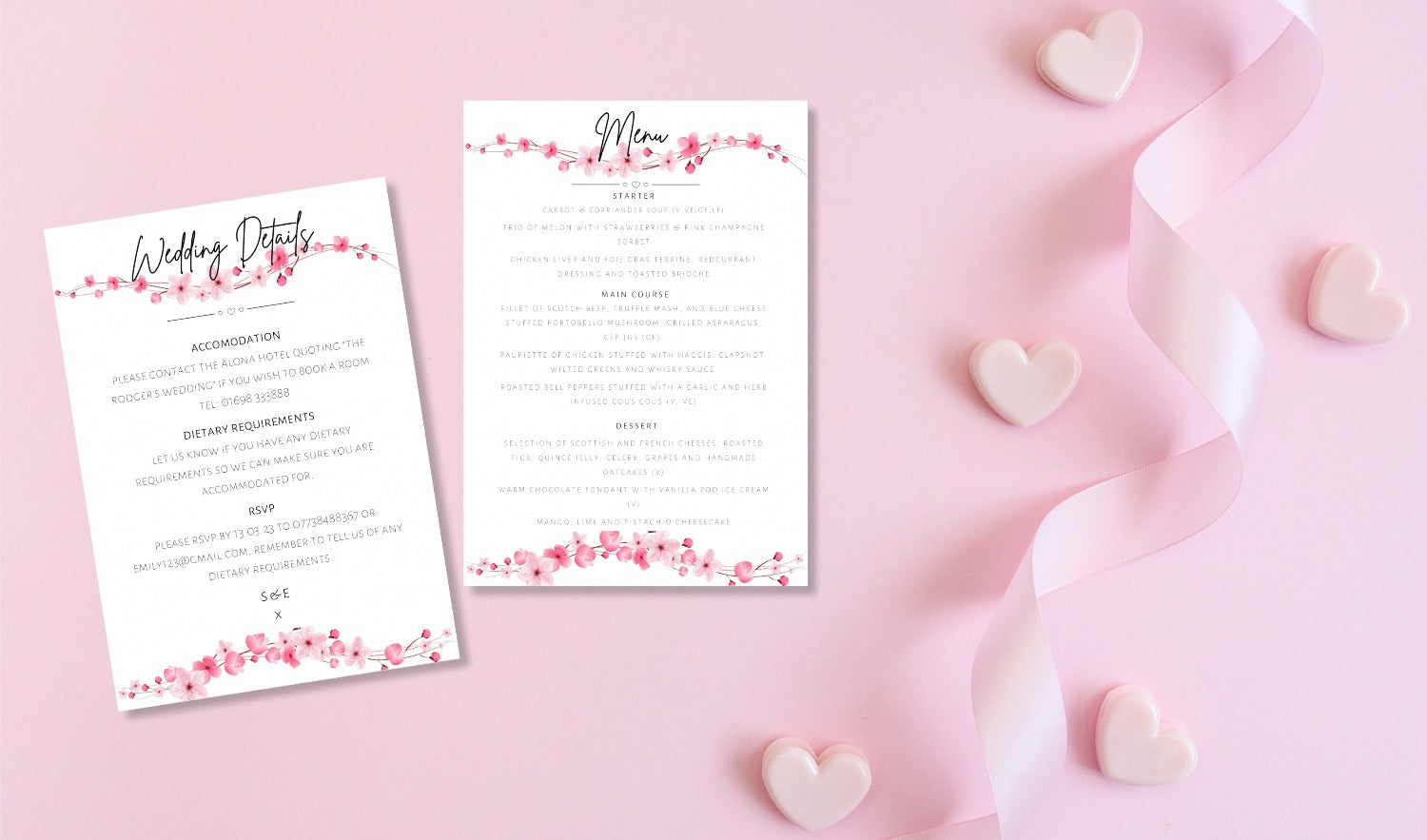 Pink Cherry Blossom Wedding Invitation Set & Individuals - Firtina Creations