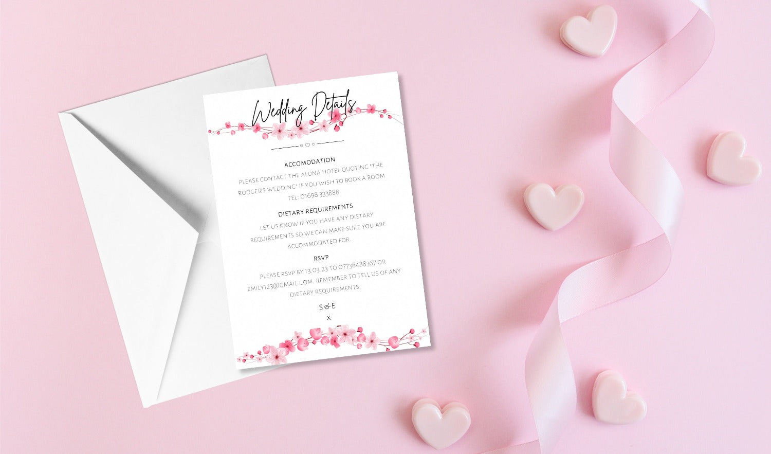 Pink Cherry Blossom Wedding Invitation Set & Individuals - Firtina Creations
