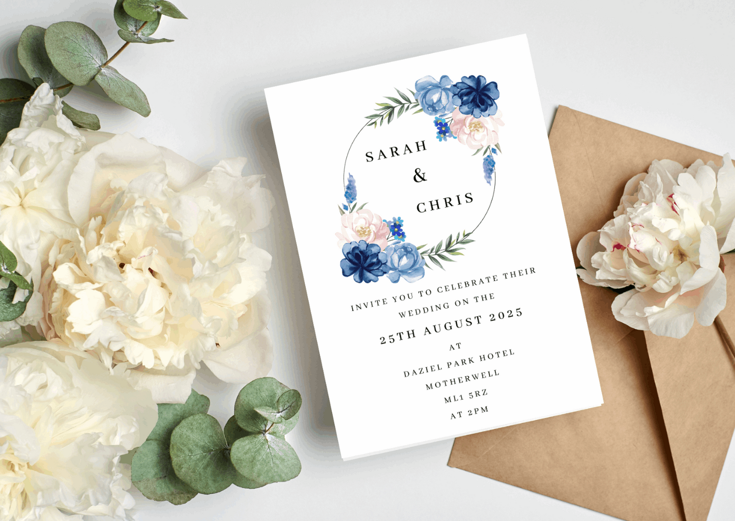 Blue Floral Wedding Invitation Set & Individuals - Firtina Creations