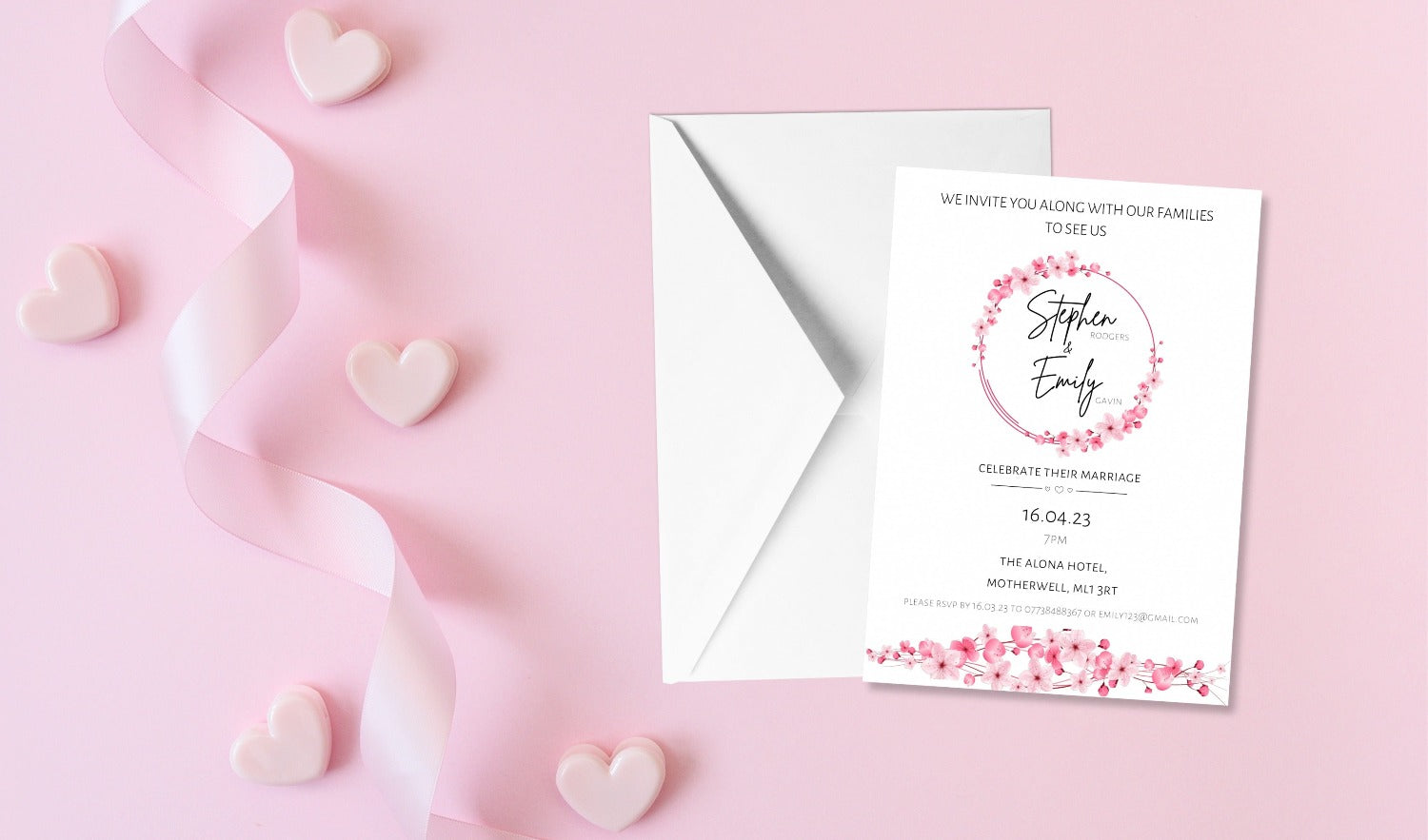 Pink Cherry Blossom Wedding Invitation Set & Individuals - Firtina Creations