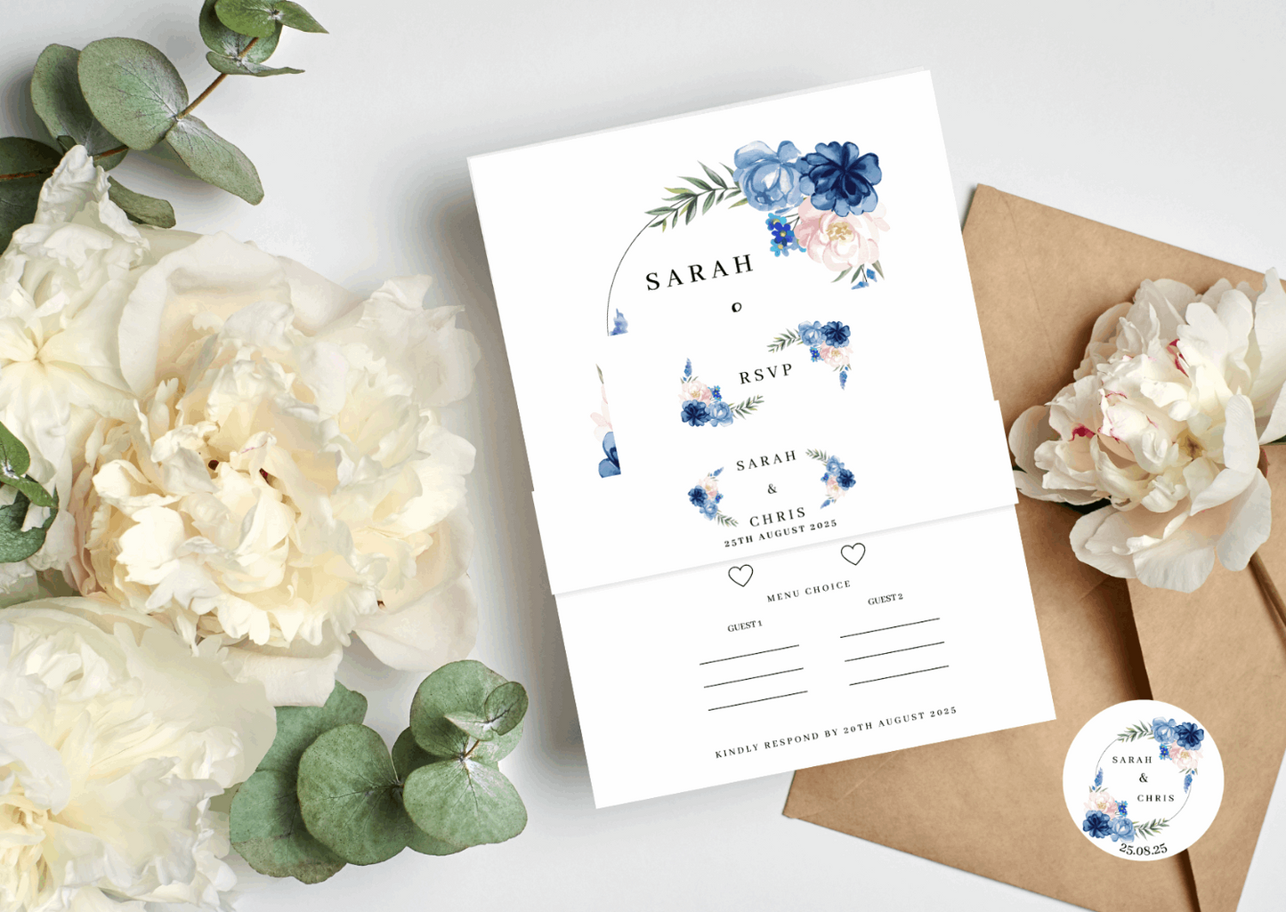 Blue Floral Wedding Invitation Set & Individuals - Firtina Creations