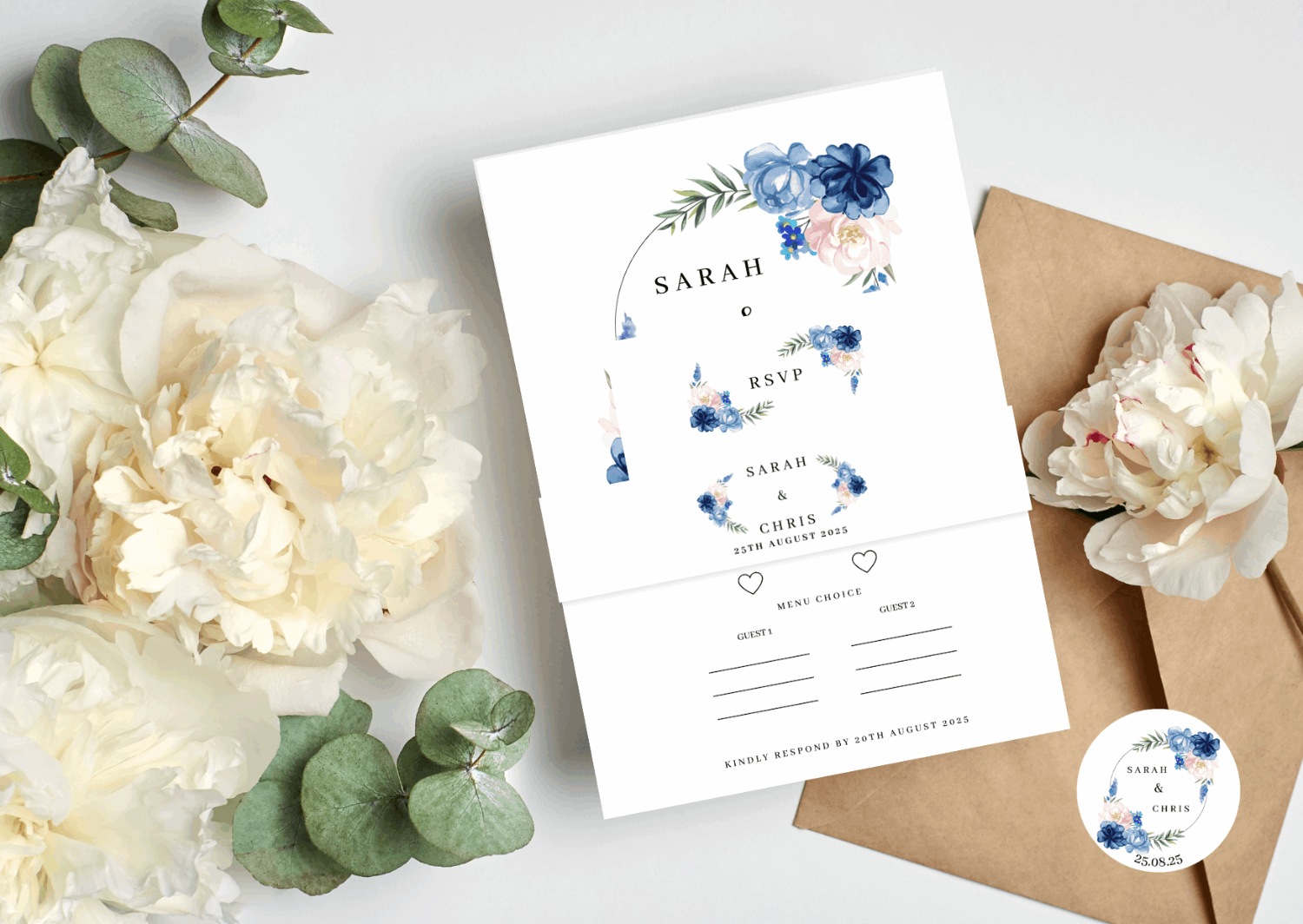 Blue Floral Wedding Invitation Set & Individuals - Firtina Creations