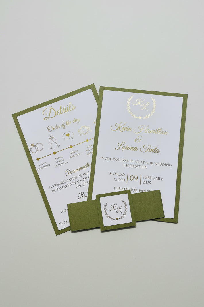 Green, White and Gold Foil Wedding Invitations