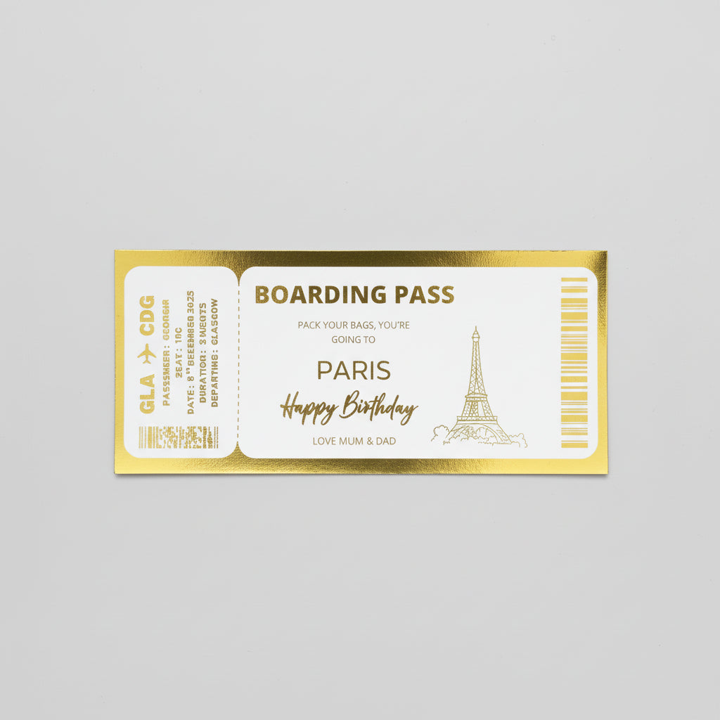  gold and white boarding pass with 'Paris' printed