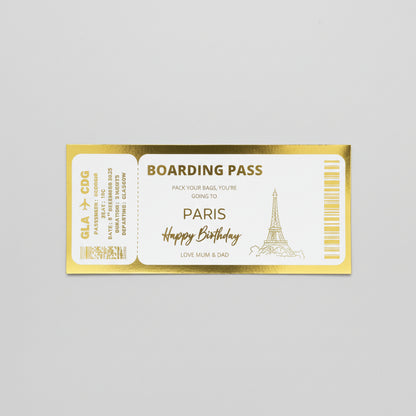  gold and white boarding pass with 'Paris' printed