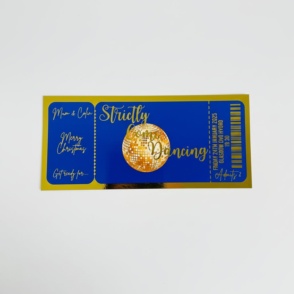 Ticket-style invitation for 'Strictly Come Dancing' with a disco ball design on a blue background.