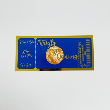 Ticket-style invitation for 'Strictly Come Dancing' with a disco ball design on a blue background.