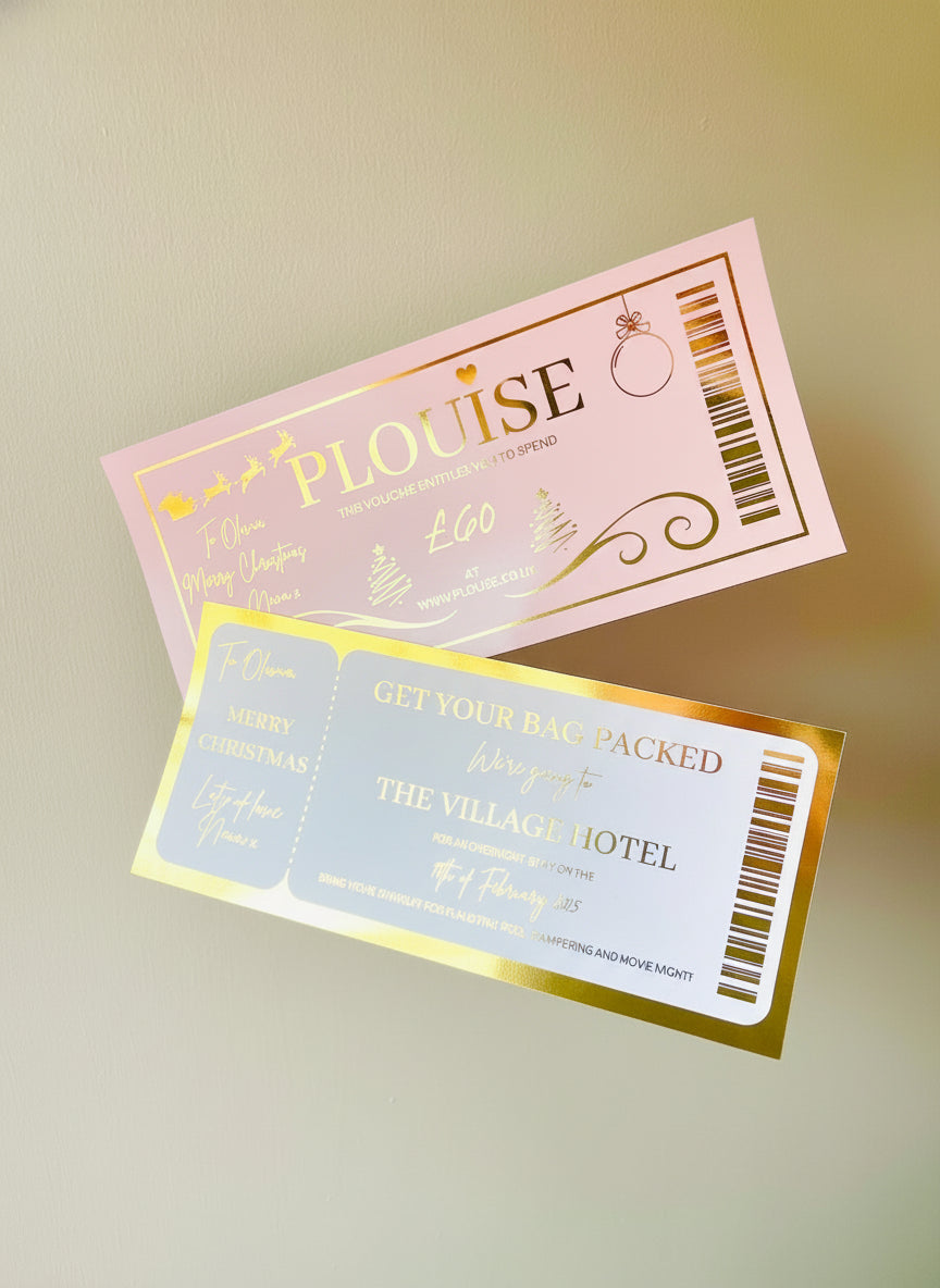 Two tickets with 'PLOUISE' and 'The Village Hotel' text held by a hand against a light background.