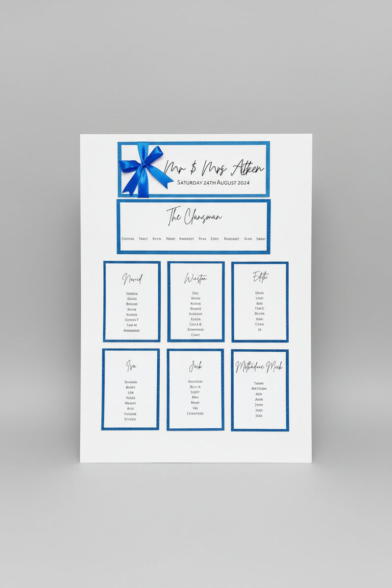Wedding seating chart with names and table assignments on a white background
